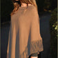 Cashmere poncho with fringe camel