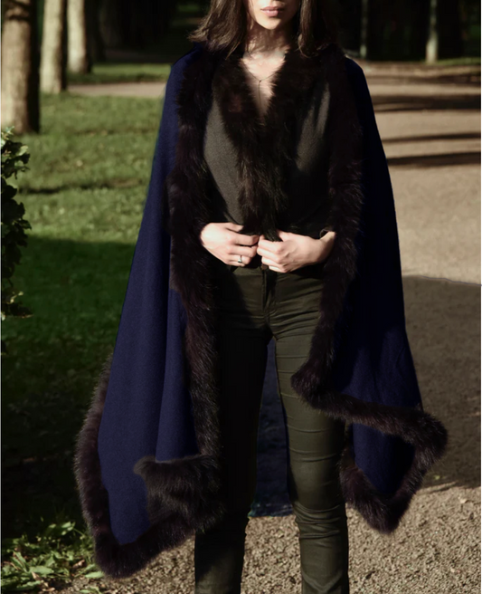 Cashmere shawl cape with fur navy